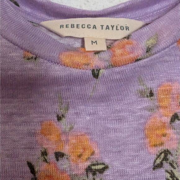 Rebecca Taylor Pastel Light Purple Cold Shoulder Linen Top Floral Print Bloue M - Picture 4 of 5